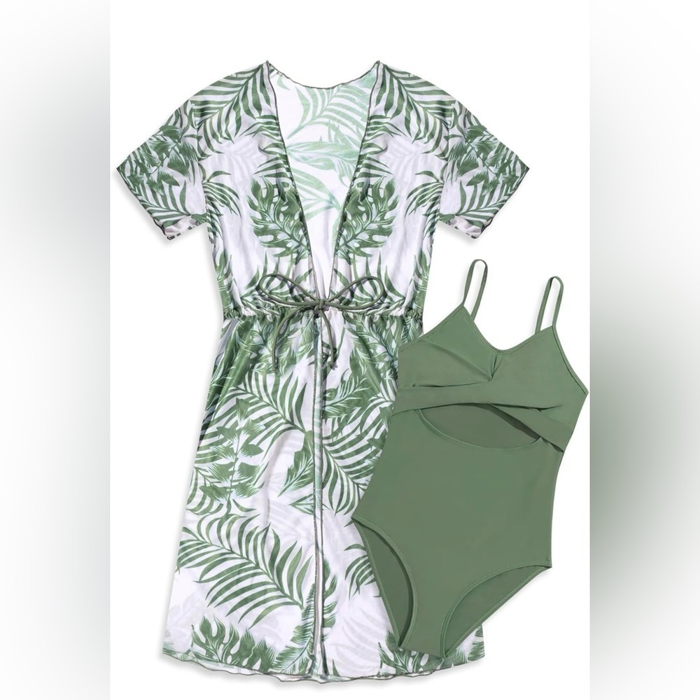 🌴 Tropical Vibes! Girls’ Green Swimsuit + Cover-Up Set | Size 9–10Y